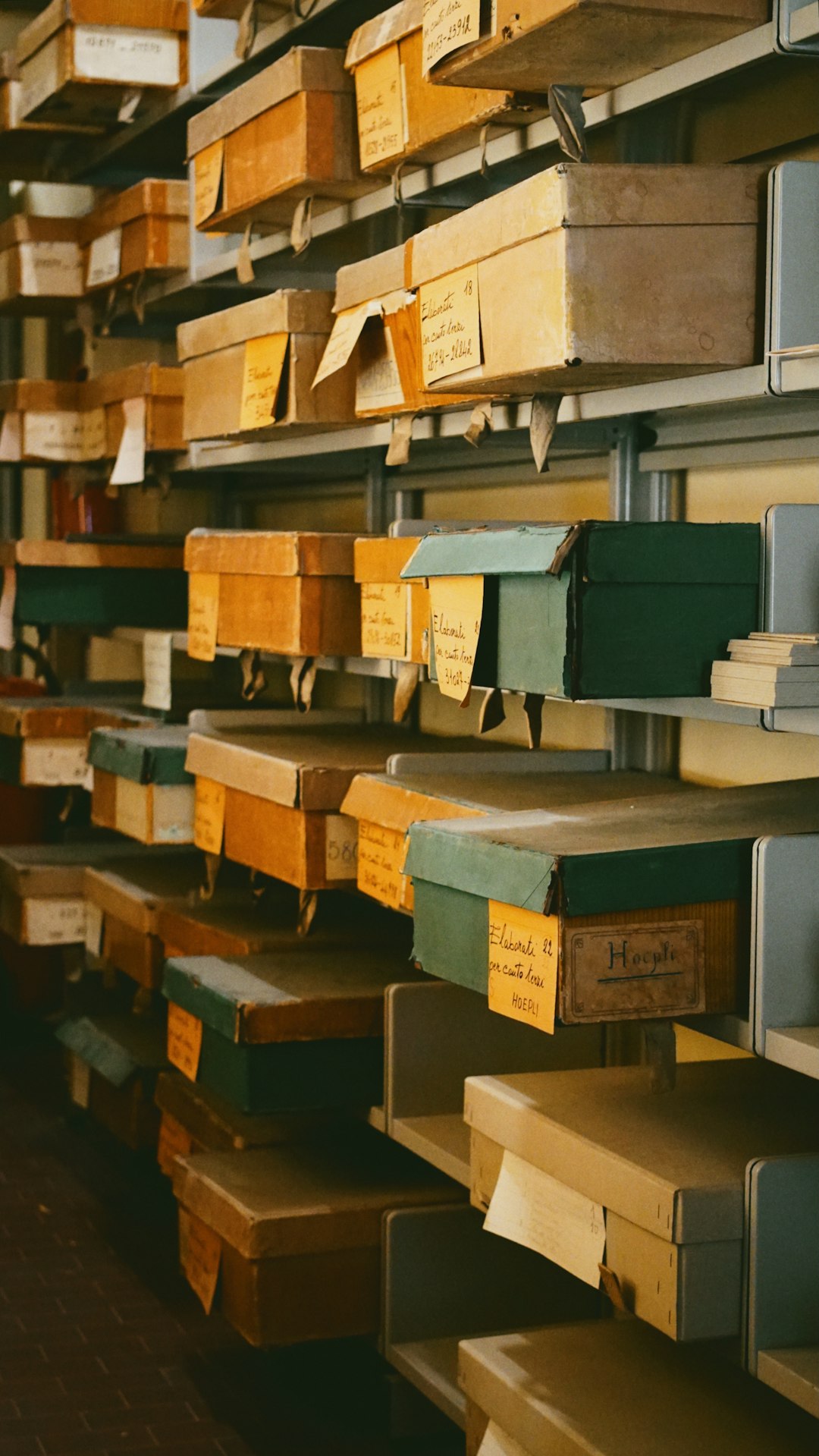 Salle d’archives de la Fondation Verrière, boîtes documentaires alignées sur des rayonnages